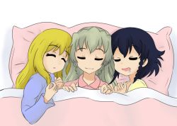 Rule 34 | 10s, 3girls, anchovy (girls und panzer), bed, black hair, blonde hair, braid, carpaccio (girls und panzer), closed eyes, drooling, from above, girls und panzer, green hair, head on pillow, lying, multiple girls, on back, pepperoni (girls und panzer), saliva, side braid, sleeping