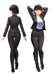 Rule 34 | 1girl, arms behind head, back, black footwear, black hair, black jacket, black pants, blazer, boots, facing viewer, from behind, high-waist pants, high heel boots, high heels, highres, jacket, knee boots, long sleeves, looking at viewer, mole, mole under eye, multiple views, open clothes, open jacket, original, pants, pants tucked in, shirt, shirt tucked in, short hair, wa (genryusui), white background, white shirt