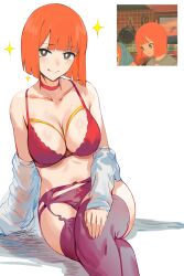 Rule 34 | 1girl, :q, absurdres, alternate breast size, bare shoulders, blunt bangs, blush, bob cut, bow, bow panties, breasts, cleavage, collarbone, crossed legs, feet out of frame, hews, highres, large breasts, mcdonald&#039;s, mother (yoru mac), off shoulder, orange hair, panties, product girl, purple garter belt, purple garter straps, purple panties, purple thighhighs, shirt, sitting, smile, sparkle, thighhighs, thighs, tongue, tongue out, underwear, white background, white shirt, yoru mac