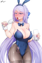 Rule 34 | 1girl, animal ears, bibie307, blue bow, blue bowtie, blue leotard, blush, bowtie, breasts, cleavage, cocktail glass, cup, detached collar, drinking glass, fake animal ears, fake tail, folkwang (moist rabbit) (nikke), folkwang (nikke), goddess of victory: nikke, holding, holding cup, ice, large breasts, leotard, long hair, nail polish, playboy bunny, pouring, pouring onto self, purple eyes, purple hair, purple nails, rabbit ears, rabbit tail, solo, sweat, tail, thigh gap, thighs, tongue, tongue out, wet