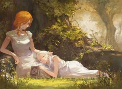 Rule 34 | 2girls, book, closed eyes, commentary request, dress, elf, flamme (sousou no frieren), flower, forest, frieren, full body, grass, grimoire, hair down, hand on another&#039;s head, headpat, highres, lap pillow, multiple girls, nature, orange hair, outdoors, pendant choker, pointy ears, sleeping, smile, sousou no frieren, tree, white dress, white hair, yoruirooo777