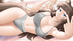 Rule 34 | 1girl, absurdres, animal ears, blue eyes, breasts, brown hair, cat ears, cat girl, cleavage, fangs, fluffy, grin, highres, large breasts, long hair, looking at viewer, multicolored eyes, simple background, smile, solo, stomach, takie, takie arts, thighs, underwear