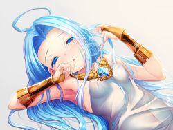 Rule 34 | 1girl, ahoge, armpits, arms up, bare shoulders, blue eyes, blue hair, breasts, bridal gauntlets, covered erect nipples, dress, gem, granblue fantasy, hair intakes, highres, holding, holding hair, long hair, lying, lyria (granblue fantasy), navel, no panties, on back, out-of-frame censoring, see-through, small breasts, solo, unosuke, upper body, very long hair, white dress