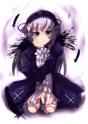 Rule 34 | 00s, 1girl, brown eyes, dress, feathers, frills, gathers, grey hair, hairband, lolita fashion, long hair, rozen maiden, smile, solo, suigintou