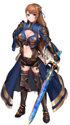 Rule 34 | 1girl, absurdres, armor, asymmetrical bangs, beatrix (granblue fantasy), belt, blush, breasts, brown eyes, brown hair, cleavage, full body, granblue fantasy, hand on own hip, highres, holding, holding weapon, looking at viewer, midriff, navel, nemota, ponytail, smile, solo, standing, sword, thighhighs, weapon, zettai ryouiki