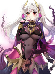 Rule 34 | 1girl, absurdres, aura, black gloves, bodystocking, breasts, bridal gauntlets, cleavage, clothing cutout, covered navel, cowboy shot, dark aura, dark persona, eyes of grima, fire emblem, fire emblem awakening, fire emblem cipher, fire emblem heroes, gloves, grey hair, grima (fire emblem), hand tattoo, highres, large breasts, looking at viewer, nintendo, official alternate costume, red eyes, robin (female) (fire emblem), robin (fire emblem), see-through, see-through cleavage, simple background, smile, solo, tara (szzj7733), tattoo, twintails, v-shaped eyebrows, white background
