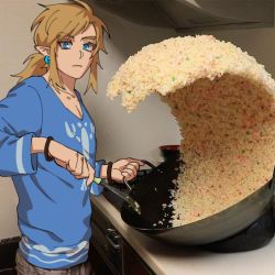 Rule 34 | 1boy, angssi, blonde hair, blue eyes, blue shirt, collarbone, cooking, earrings, jewelry, link, looking at viewer, male focus, meme, nintendo, photo-referenced, photo background, pointy ears, rice wave, shirt, solo, the legend of zelda, the legend of zelda: breath of the wild, wok