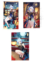 Rule 34 | 1girl, absurdres, ahoge, bare arms, black footwear, blue dress, blue hair, commentary request, dress, elbow gloves, fireworks, ganyu (genshin impact), ganyu (twilight blossom) (genshin impact), genshin impact, gloves, high heels, highres, horns, long hair, looking at viewer, lumo 1121, moon, multiple views, night, night sky, official alternate costume, sitting, sky, sleeveless, sleeveless dress, squatting, standing, thighs, unfinished