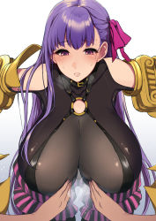 Rule 34 | 1girl, blush, bow, grabbing another&#039;s breast, breasts, breath, collar, eyebrows, eyelashes, fate/grand order, fate (series), gauntlets, gigantic breasts, grabbing, hair bow, hair ribbon, highres, leaning forward, long hair, looking down, o-ring, o-ring top, parted lips, passionlip (fate), pochi (pochi-goya), pov, purple eyes, purple hair, ribbon, skindentation, sweat, tareme, tearing up