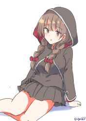 Rule 34 | 1girl, absurdres, braid, brown capelet, brown dress, brown eyes, brown hair, capelet, dress, highres, hood, hood up, hooded capelet, kantai collection, long hair, one-hour drawing challenge, pleated dress, red ribbon, ribbon, robinson (day l full), shinshuu maru (kancolle), simple background, sitting, solo, twin braids, white background, yokozuwari