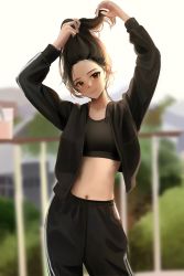 Rule 34 | 1girl, absurdres, arms up, black jacket, black pants, black shirt, blurry, blurry background, brown eyes, brown hair, closed mouth, cowboy shot, crop top, day, highres, jacket, kapo, looking at viewer, navel, open clothes, open jacket, original, pants, photo-referenced, shirt, smile, solo, standing