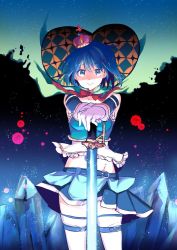 Rule 34 | 1girl, blue eyes, blue hair, blue skirt, commentary, crown, floating hair, fortissimo, groin, hair ornament, heart, holding, holding sword, holding weapon, looking at viewer, magical girl, mahou shoujo madoka magica, mahou shoujo madoka magica (anime), miki sayaka, momoko (palemon), musical note, musical note hair ornament, pantyhose, planted, planted sword, planted weapon, short hair, skirt, sleeveless, stomach, sword, sword behind back, thighs, weapon, witch (madoka magica)
