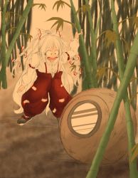 Rule 34 | 1girl, bamboo, bamboo forest, bow, darjeeling (reley), dragon ball, forest, fujiwara no mokou, hair bow, long hair, nature, pants, parody, shirt, solo, spacecraft, suspenders, touhou, very long hair, white hair, wide-eyed