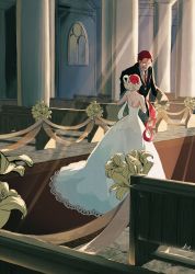 Rule 34 | 1boy, 1girl, absurdres, age difference, amputee, artist request, breasts, bridal veil, bride, church, dress, facial hair, father and daughter, formal, happy, headphones, highres, long hair, looking at another, multicolored hair, one piece, one piece film: red, red hair, shanks (one piece), size difference, smile, suit, tears, two-tone hair, uta (one piece), veil, very long hair, wedding dress, white dress