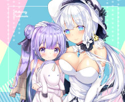 Rule 34 | 2girls, ahoge, azur lane, bare shoulders, black ribbon, blue eyes, blush, breasts, cleavage, closed mouth, collarbone, commentary request, detached collar, detached sleeves, dress, elbow gloves, flight deck, gem, gloves, hair bun, hair ornament, hair ribbon, hand on another&#039;s head, hat, hugging object, illustrious (azur lane), large breasts, long hair, long sleeves, looking at viewer, mole, mole under eye, multiple girls, nagare yoshimi, one side up, purple eyes, purple hair, ribbon, side bun, silver hair, single hair bun, single side bun, smile, strapless, strapless dress, stuffed animal, stuffed pegasus, stuffed toy, stuffed unicorn, stuffed winged unicorn, unicorn (azur lane), very long hair, white dress, white gloves, white hat