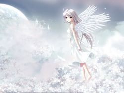 Rule 34 | 1girl, angel wings, barefoot, bird, castle, cloud, copyright notice, flower, grey hair, highres, long hair, looking back, moon, night, night sky, planet, red eyes, rino (white clarity), sky, solo, star (sky), star (symbol), wallpaper, white clarity, wings