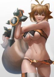 Rule 34 | 1girl, abs, absurdres, animal ears, antenna hair, armpits, bare shoulders, black gloves, black shorts, blazblue, breasts, brown eyes, brown hair, clenched hands, commentary, cowboy shot, crop top, dai toro, dual wielding, fingerless gloves, gloves, hair between eyes, hand up, highres, holding, large breasts, looking at viewer, makoto nanaya, multicolored hair, navel, no bra, no panties, open mouth, orange shirt, orange skirt, pussy, revealing clothes, shirt, short hair, shorts, sidelocks, simple background, skirt, sleeveless, sleeveless shirt, solo, squirrel ears, squirrel girl, squirrel tail, stomach, stretching, tail, teeth, thighhighs, third-party edit, thong, tonfa, two-tone hair, underboob, upper teeth only, weapon, white background, white thighhighs