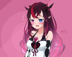 Rule 34 | bare shoulders, between breasts, blue eyes, blush, breasts, cellphone, collarbone, demon horns, detached sleeves, embarrassed, fangs, flying sweatdrops, heterochromia, highres, hololive, hololive english, horns, irys (hololive), large breasts, long hair, looking down, otaku cheng, phone, pink background, pointy ears, purple eyes, purple hair, purple ribbon, ribbon, shirt, signature, smartphone, sweatdrop, twitter username, virtual youtuber, wavy mouth, white shirt