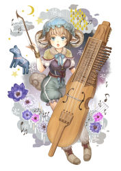 Rule 34 | 1girl, :o, animal ears, beamed eighth notes, beamed sixteenth notes, blue eyes, blue flower, bow (music), bracelet, breasts, brown footwear, brown hair, corset, crescent, dalecarlian horse, eighth note, flower, full body, fur trim, half note, hat, horns, instrument, instrument request, jewelry, medium breasts, mob cap, musical note, official art, original, pink flower, quarter note, sheep, sheep girl, sheep horns, short hair, short sleeves, solo, standing, star (symbol), tail, water drop, white flower, yogi (yogikka)