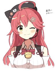 Rule 34 | 1girl, 35p (sakura miko), absurdres, ahoge, animal ear headwear, animal ears, animal hat, bell, beret, black hat, blush stickers, bow, bowtie, breasts, buttons, cat hat, clothing cutout, collared shirt, fake animal ears, flower knot, green eyes, hair flaps, hair ornament, hairclip, hat, headset, highres, hololive, kaigaraori, long hair, looking at viewer, medium breasts, microphone, neck bell, one eye closed, pink hair, portrait, red bow, red ribbon, ribbed shirt, ribbon, sakura miko, sakura miko (casual), shadow, shirt, shoulder cutout, simple background, smile, solo, virtual youtuber, white background, white shirt