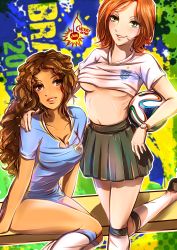 Rule 34 | 2014 fifa world cup, 2girls, absurdres, ball, breasts, brown eyes, brown hair, cherry in the sun, cleavage, clothes lift, england, green eyes, highres, huge filesize, long hair, multiple girls, original, shirt lift, short hair, soccer ball, soccer uniform, sportswear, underboob, uruguay, world cup