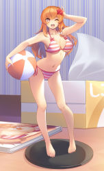 Rule 34 | 1girl, :d, azusa (cookie), ball, barefoot, beachball, bikini, braid, breasts, bright pupils, cookie (touhou), figure, hair between eyes, hair ornament, highres, large breasts, long hair, looking at viewer, one eye closed, open mouth, orange eyes, orange hair, side braid, single braid, smile, solo, star (symbol), star hair ornament, striped bikini, striped clothes, swimsuit, tarmo, tissue box, white pupils