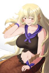 Rule 34 | 1girl, bare shoulders, blonde hair, blue bow, blush, bow, breasts, commentary, commission, crop top, english commentary, fins, grin, highres, large breasts, long hair, looking at viewer, mermaid, midriff, monster girl, navel, orange eyes, original, sifserf, smile, solo, very long hair, wrist bow