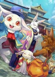 Rule 34 | aj (noranukoaj), animal ears, architecture, blue hat, blue sky, closed eyes, dutch angle, earrings, east asian architecture, emul (shangri-la frontier), furry, furry female, furry male, hat, japanese clothes, jewelry, long sleeves, open mouth, outdoors, rabbit, rabbit ears, shangri-la frontier, sky, smile, stairs, stone stairs, vysache (shangri-la frontier)