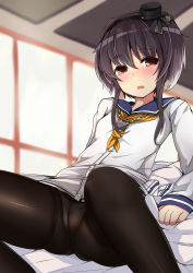 Rule 34 | 10s, 1girl, black hair, black pantyhose, blush, crotch seam, hairband, hal (ojou), kantai collection, looking at viewer, open mouth, panties, panties under pantyhose, pantyhose, red eyes, short hair, short hair with long locks, sitting, solo, spread legs, tokitsukaze (kancolle), underwear