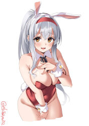 Rule 34 | 1girl, alternate costume, animal ears, bare shoulders, blush, breasts, cleavage, cowboy shot, detached collar, ebifurya, fake animal ears, highres, kantai collection, large breasts, leotard, long hair, looking at viewer, one-hour drawing challenge, playboy bunny, ponytail, rabbit ears, red leotard, shoukaku (kancolle), solo, strapless, strapless leotard, twitter username, white background, white hair, wrist cuffs, yellow eyes