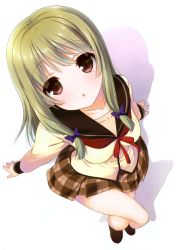 Rule 34 | 10s, 1girl, :o, absurdres, breasts, brown eyes, collarbone, crossed legs, green hair, hair ribbon, highres, jinsei, kujou fumi, long sleeves, mole, mole under eye, nanase meruchi, official art, open mouth, outstretched arms, plaid, plaid skirt, purple ribbon, ribbon, scan, school uniform, serafuku, simple background, sitting, skirt, solo, tress ribbon, white background