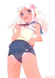 Rule 34 | 10s, 1girl, blonde hair, blue eyes, clothes lift, clothes pull, flower, hair flower, hair ornament, highres, kantai collection, long hair, one-piece swimsuit, one-piece swimsuit pull, one-piece tan, ro-500 (kancolle), school swimsuit, shirt lift, smile, solo, swimsuit, tan, tanline, twitter username, urata asao