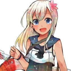 Rule 34 | 10s, 1girl, bad id, bad twitter id, bare arms, blonde hair, blue eyes, blush, collarbone, eyebrows, flower, gradient hair, hair between eyes, hair flower, hair ornament, holding, itomugi-kun, kantai collection, lifebuoy, long hair, looking at viewer, multicolored hair, one-piece tan, open mouth, ro-500 (kancolle), sailor collar, school swimsuit, school uniform, serafuku, simple background, sleeveless, smile, solo, swim ring, swimsuit, swimsuit under clothes, tan, tanline, torpedo, upper body, white background