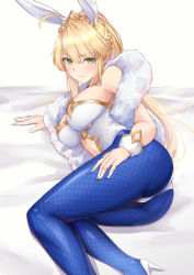 Rule 34 | 1girl, absurdres, ahoge, artoria pendragon (all), artoria pendragon (fate), artoria pendragon (swimsuit ruler) (fate), ass, bare shoulders, blonde hair, blue pantyhose, blush, braid, breasts, cleavage, clothing cutout, fate/grand order, fate (series), feather boa, fishnet pantyhose, fishnets, french braid, green eyes, high heels, highres, large breasts, leotard, looking at viewer, navel cutout, okuma707, pantyhose, parted lips, ponytail, sidelocks, thighs, tiara, white leotard