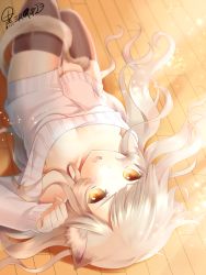 Rule 34 | 1girl, :o, animal ears, bad id, bad pixiv id, black thighhighs, breasts, cat ears, cat tail, downblouse, itsuki0v0, kurosawa itsuki, long hair, looking at viewer, lying, on back, orange eyes, original, paw pose, silver hair, solo, sunlight, sweater, tail, thighhighs