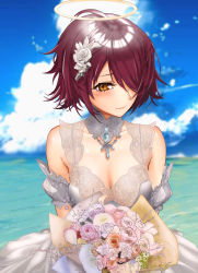 Rule 34 | 1girl, absurdres, arknights, bare shoulders, blue sky, bouquet, breasts, cleavage, cloud, cloudy sky, dress, exusiai (arknights), flower, hair flower, hair ornament, hair over one eye, halo, herrinalexander, highres, holding, holding bouquet, looking at viewer, medium breasts, outdoors, pink flower, pink rose, red hair, rose, short hair, short sleeves, sky, smile, solo, upper body, wedding dress, white dress, white flower, white rose, yellow eyes