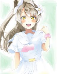 Rule 34 | 1girl, a song for you! you? you!, arm scrunchie, artist name, artist request, belt, blush, bow, breasts, brown eyes, brown hair, clenched hand, collarbone, female focus, flower, grey hair, hair bow, hair flower, hair ornament, hanamaruyama628, highres, light brown hair, long hair, love live!, love live! school idol festival, love live! school idol project, minami kotori, neckerchief, parted lips, pink neckerchief, pink scrunchie, ponytail, sailor collar, scrunchie, shirt, side ponytail, skirt, small breasts, smile, solo, white belt, white bow, white flower, white shirt, white skirt