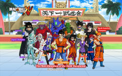 Rule 34 | 5girls, 6+boys, arena, armor, bandana, black hair, blonde hair, boots, cape, character name, crossed arms, dougi, dragon ball, dragon ball xenoverse, english text, full body, glasses, group picture, hairband, halo, hat, highres, jewelry, locked arms, long hair, looking at viewer, mirai senshi, multiple boys, multiple girls, necklace, official art, official wallpaper, red eyes, red hair, scouter, short hair, sunglasses, sword, thumbs up, twintails, wallpaper, weapon, white hair