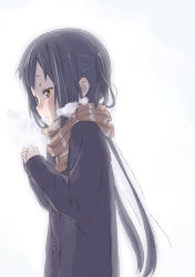 Rule 34 | 1girl, black hair, breath, brown eyes, coat, enpera, errant, k-on!, long hair, nakano azusa, own hands together, scarf, simple background, solo, striped clothes, striped scarf, twintails, white background