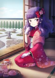 Rule 34 | 1girl, blue sky, blunt bangs, bow, bush, cup, day, full body, gloves, hair bow, hand up, indoors, japanese clothes, ootori chacha, path, purple eyes, purple hair, red bow, road, seiza, sitting, sky, sliding doors, solo, stone lantern, tatami, teacup, teapot, tokyo 7th sisters, tray, umi kamome, white gloves