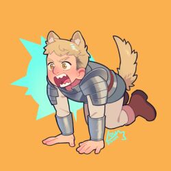 Rule 34 | 1boy, all fours, animal ears, armor, barking, blonde hair, boots, brown footwear, chibi, commentary, dog boy, dog ears, dog tail, dungeon meshi, english commentary, full body, highres, kemonomimi mode, laios&#039; intimidation, laios touden, looking to the side, lougouvea, male focus, orange background, pauldrons, plate armor, short hair, shoulder armor, signature, solo, tail, vambraces