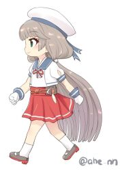 Rule 34 | 1girl, ahenn, blue sailor collar, gloves, green eyes, grey hair, hat, hip vent, kantai collection, long hair, low twintails, mikura (kancolle), pleated skirt, puffy short sleeves, puffy sleeves, red skirt, sailor collar, sailor hat, sailor shirt, shirt, shoes, short sleeves, simple background, skirt, socks, solo, twintails, twitter username, uwabaki, walking, white background, white gloves, white hat, white shirt