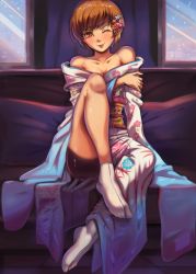 Rule 34 | 1girl, ;p, absurdres, bike shorts, black shorts, blush, breasts, brown eyes, brown hair, cleavage, collarbone, floral print, full body, hair ornament, highres, japanese clothes, kimono, looking at viewer, medium breasts, off shoulder, one eye closed, persona, persona 4, print kimono, satonaka chie, shiny skin, short hair, short shorts, shorts, sitting, socks, solo, toasty scones, tongue, tongue out, white kimono, white socks