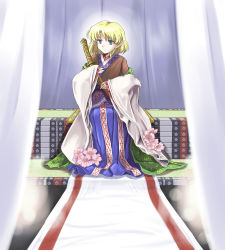 Rule 34 | 1girl, adapted costume, blonde hair, braid, brown shirt, female focus, flower, flx, french braid, green eyes, indoors, japanese clothes, kimono, layered clothes, layered kimono, mizuhashi parsee, scabbard, sheath, shirt, short hair, sitting, solo, sword, touhou, weapon