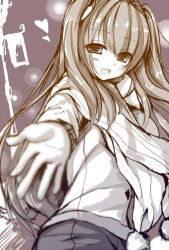 Rule 34 | 1girl, heart, long hair, looking at viewer, monochrome, open mouth, scarf, smile, solo, syroh, very long hair