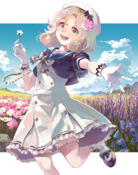 Rule 34 | 1girl, black neckwear, blonde hair, blue eyes, blue sailor collar, blue sky, blush, cloud, commentary request, dress, field, flower, flower field, gloves, hair flower, hair ornament, hat, highres, holding, holding flower, janus (kancolle), kantai collection, looking at viewer, mat (seiga38529), open mouth, parted bangs, sailor collar, sailor dress, sailor hat, short hair, short sleeves, skirt, sky, smile, solo, white dress, white gloves, white hat
