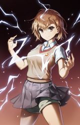 Rule 34 | 1girl, alternate breast size, bike shorts, black skirt, blush, breasts, brown eyes, brown hair, closed mouth, collared shirt, commentary, cowboy shot, electricity, electrokinesis, energy, hands up, highres, holiday (pangjelly), looking at viewer, medium breasts, misaka mikoto, pleated skirt, school uniform, shirt, short hair, short shorts, short sleeves, shorts, shorts under skirt, skirt, smile, solo, toaru kagaku no railgun, toaru majutsu no index, v-neck, white shirt