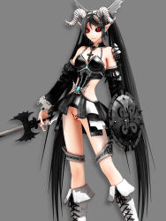 Rule 34 | 1girl, 3d, black hair, breasts, calne ca (deino), deino (deino3330), female focus, highres, horns, long hair, looking at viewer, original, pointy ears, red eyes, shield, solo, standing, sword, tattoo, twintails, weapon