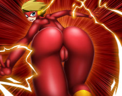 Rule 34 | 1girl, animification, ass, back, blonde hair, blue eyes, bodysuit, boots, cameltoe, cleft of venus, dc comics, genderswap, genderswap (mtf), highres, jessie quick, latex, lightning, looking at viewer, red background, shiny clothes, short hair, speed lines, the flash, zeshgolden