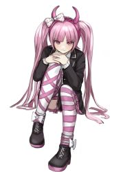 Rule 34 | 1girl, black footwear, blush, bow, danganronpa (series), danganronpa another episode: ultra despair girls, fake horns, hair bow, hairband, highres, horns, jacket, knee up, long hair, looking at viewer, muuyiie, pink eyes, pink hair, school uniform, shoes, simple background, sitting, skirt, smile, solo, striped clothes, striped thighhighs, thighhighs, twintails, utsugi kotoko, very long hair, white background